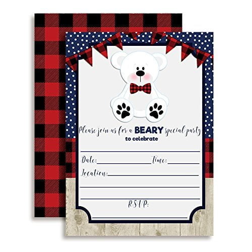 Polar Bear with Red & Black Plaid Birthday Party Invitations
