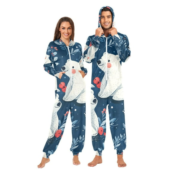 Polar Bears Apples Leaves Adult Onesie Pajamas Slim Fit Christmas One Piece Suit Pjs for Women and Men Hooded Zipper