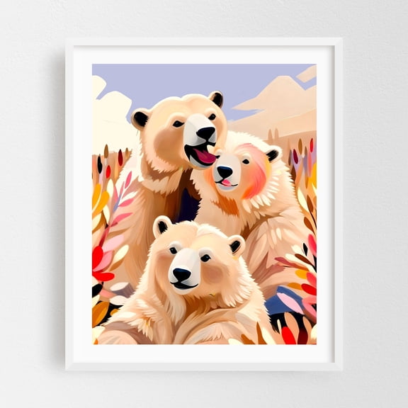 Polar Bears - India Digital Art Wildlife Animal Autumn Nature Floral Modern Art Whimsical White Framed Wall Art Print 16 x 20 inches