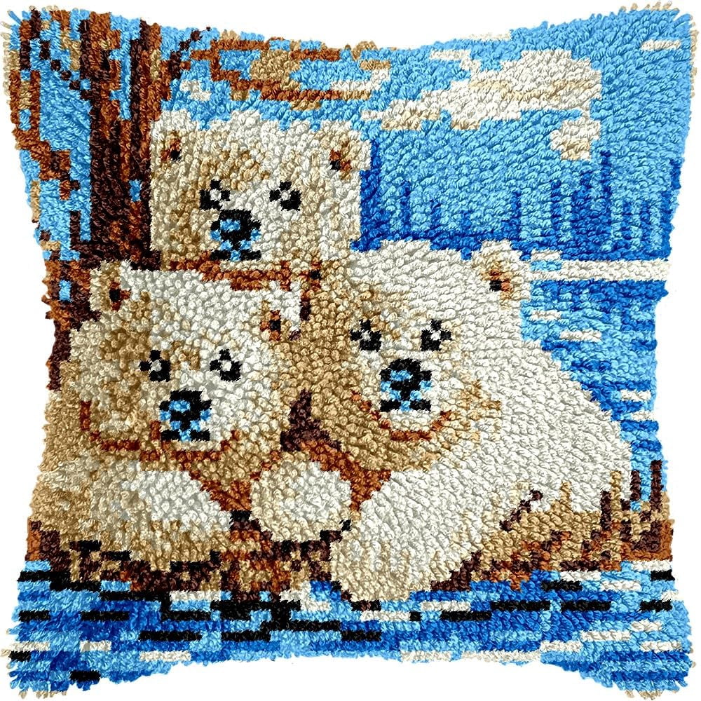 Polar Bears Latch Hook Kits Pillow kits Cushion Throw Pillow Embroidery Craft Kits DIY Kits of DIY Hooking Pillowcase Cover Supplier with Color Printed Canvas 43x43cm (200)