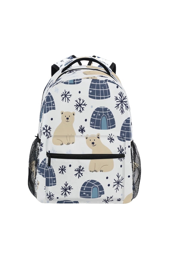 Polar Bears Snowflakes Pattern Stylish Large Backpack 15L Self-Standing Durable Twill for School, Office and Travel Use