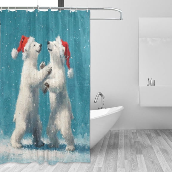 Polar Bears Wear Christmas Hat Dancing Shower Curtains with 12 Hooks Waterproof Bathroom Decor 66" x 72"