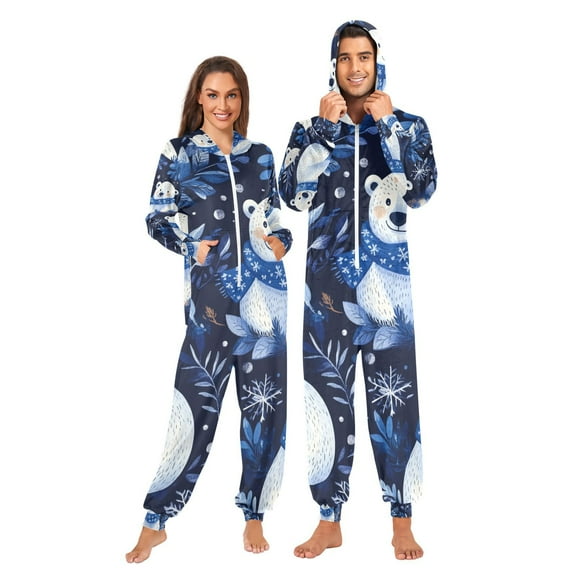 Polar Bears and Leaves Adult Onesie Pajamas Slim Fit Christmas One Piece Suit Pjs for Women and Men Hooded Zipper