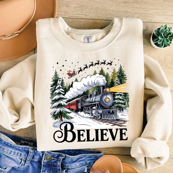 Polar Express Believe Christmas Sweatshirt – Holiday Train Winter Crewneck, Santa Sleigh Family Matching Gift