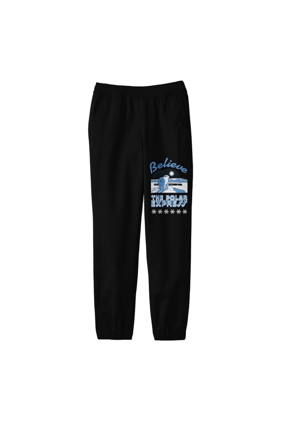 Polar Express Believe with Polar Bear and Train Youth Black Graphic Jogger Pants-Small