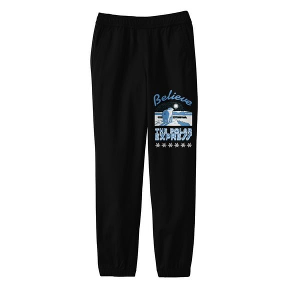 Polar Express Believe with Polar Bear and Train Youth Black Graphic Jogger Pants-XL