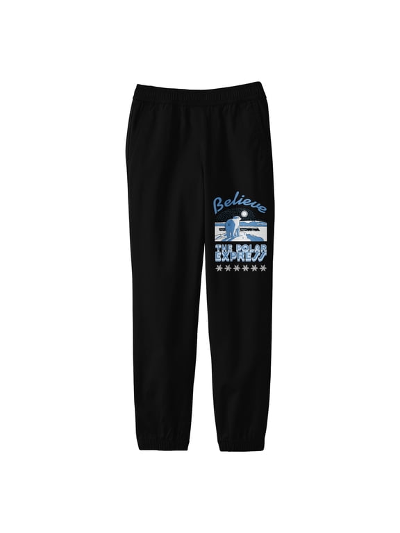 Polar Express Believe with Polar Bear and Train Youth Black Graphic Jogger Pants-XL