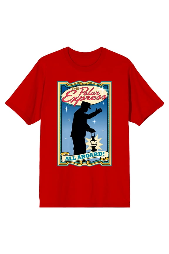 Polar Express Conductor With Lantern All Aboard Men's Red Crew Neck Short Sleeve Graphic Tee-Large