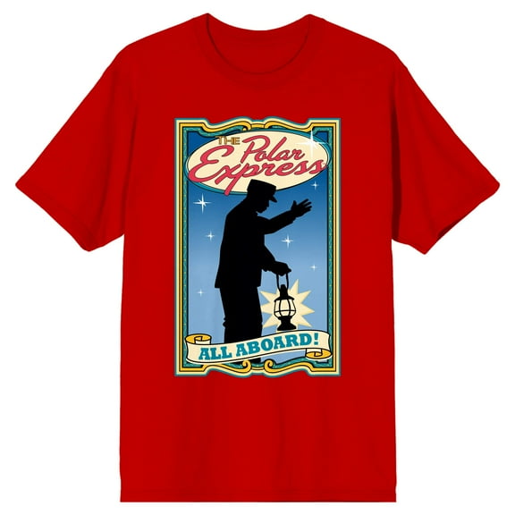 Polar Express Conductor With Lantern All Aboard Men's Red Crew Neck Short Sleeve Graphic Tee-XL