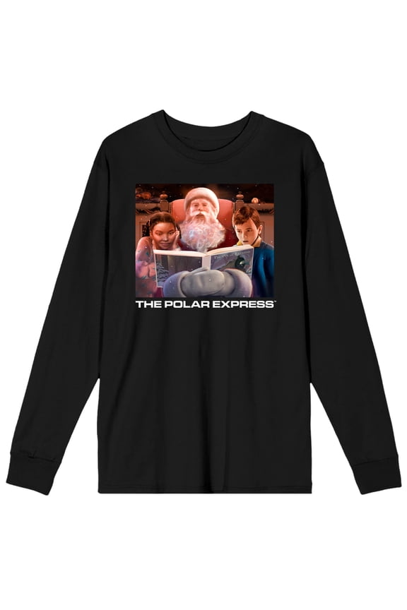 Polar Express Santa Reading Book with Kids Men's Black Long Sleeve Shirt-Large