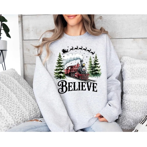 Polar Express Sweatshirt, Believe Graphic Top, All Aboard Train Holiday Design, Festive Winter Unisex Adult Casual Everyday Wear Ash