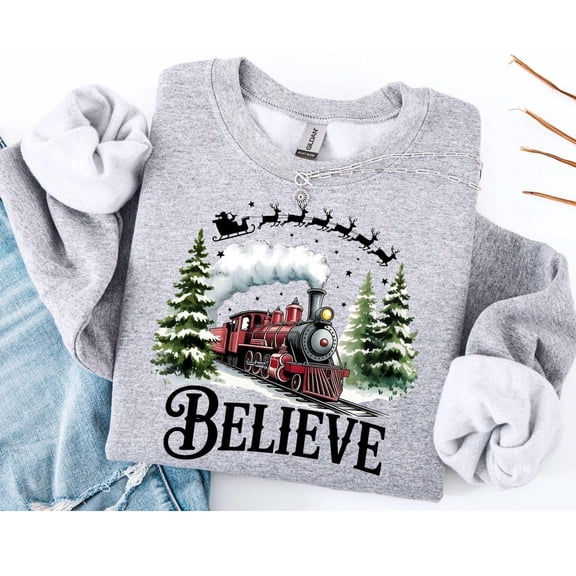 Polar Express Sweatshirt, Believe Graphic Top, All Aboard Train Holiday Design, Festive Winter Unisex Adult Casual Everyday Wear Sport Grey