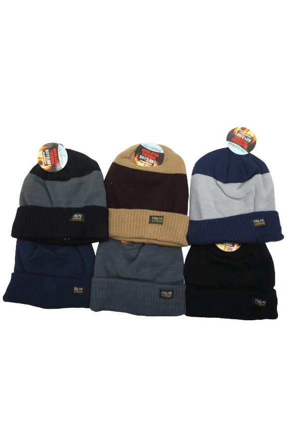 Boy's Fleeced Lined Hat 2 Pack Assorted 1 Solid 1 Stripe