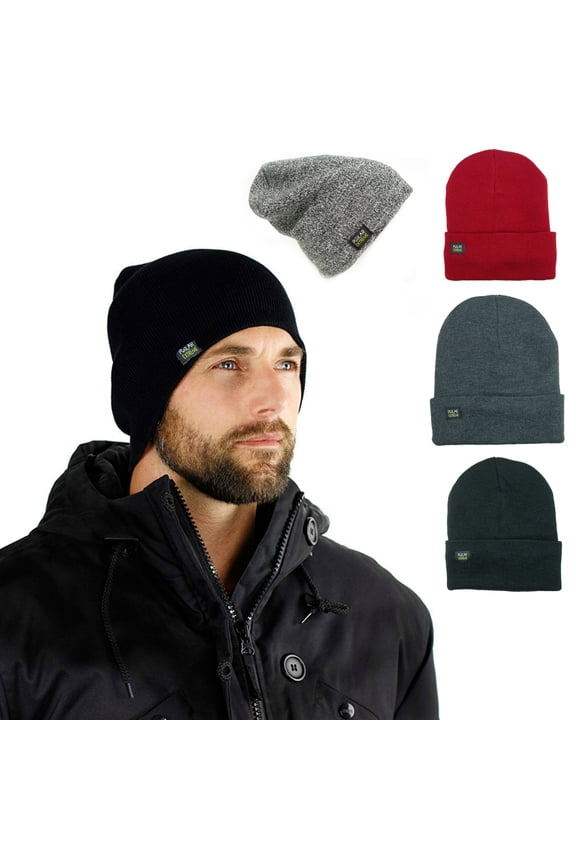 Mens Insulated Thermal Fleece Lined Comfort Daily Soft Beanies Winter Hats (Black Fold over hat)