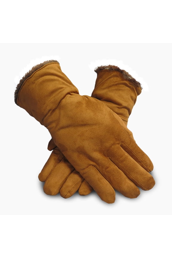 Women's Vegan Suede Gloves Fleece Lining Gathered Wrist (Beige)