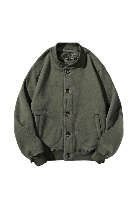 Polar Fleece Bomber Jacket for Men Thick Sherpa Lined Button Down Casual Varsity Jackets Baseball Coat with Pockets