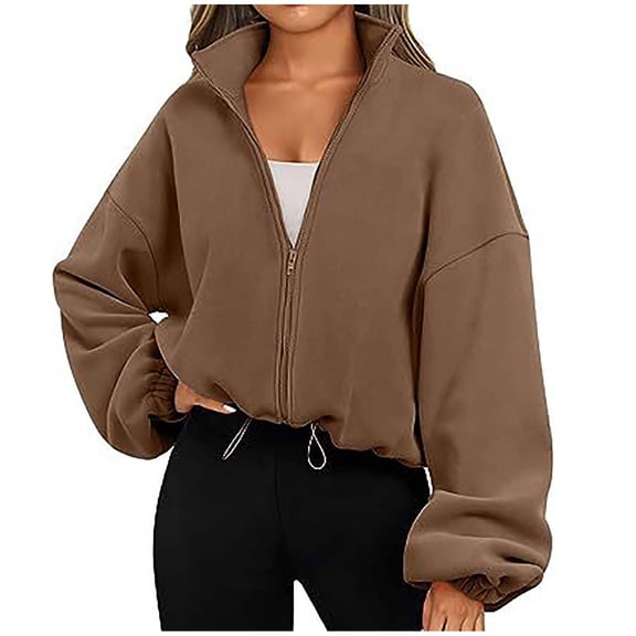 Polar Fleece Coat for Women Full-zip Up Cropped Jackets Sports Casual Drawstring Hem Loose Long Sleeve Outerwear (Large, Yellow)