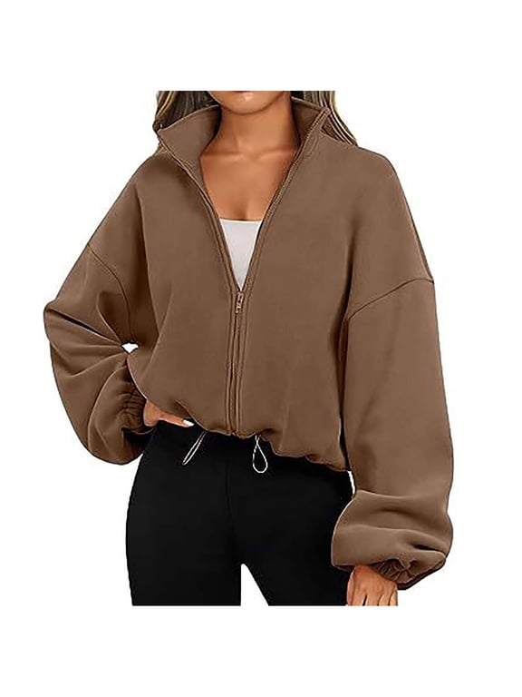 Polar Fleece Coat for Women Full-zip Up Cropped Jackets Sports Casual Drawstring Hem Loose Long Sleeve Outerwear (Large, Yellow)