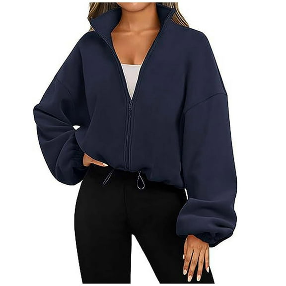 Polar Fleece Coat for Women Full-zip Up Cropped Jackets Sports Casual Drawstring Hem Loose Long Sleeve Outerwear (Medium, Navy)