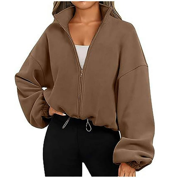 Polar Fleece Coat for Women Full-zip Up Cropped Jackets Sports Casual Drawstring Hem Loose Long Sleeve Outerwear (Medium, Yellow)