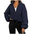 thumbnail image 1 of Polar Fleece Coat for Women Full-zip Up Cropped Jackets Sports Casual Drawstring Hem Loose Long Sleeve Outerwear (Small, Navy), 1 of 5