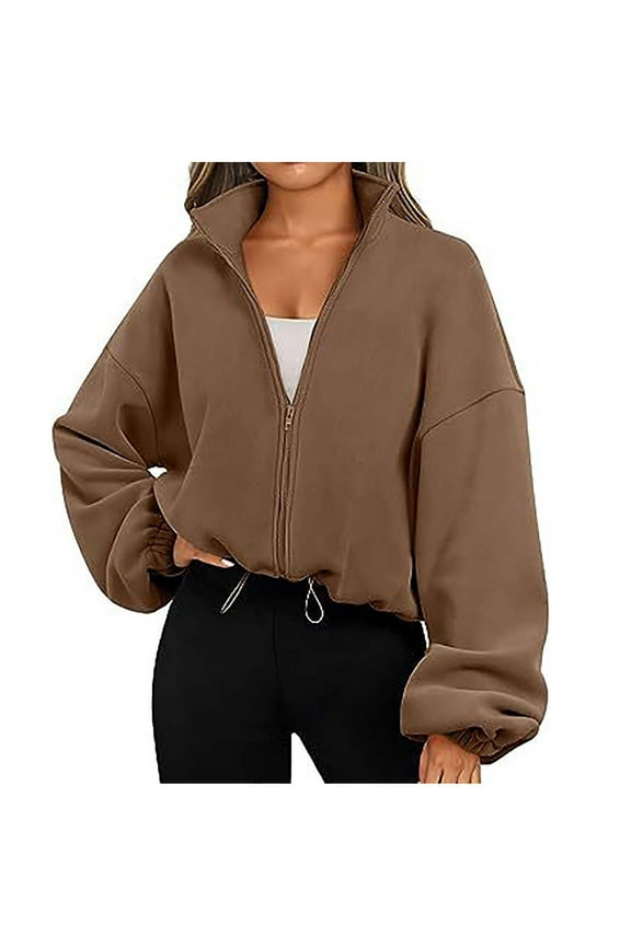 Polar Fleece Coat for Women Full-zip Up Cropped Jackets Sports Casual Drawstring Hem Loose Long Sleeve Outerwear (X-Large, Yellow)