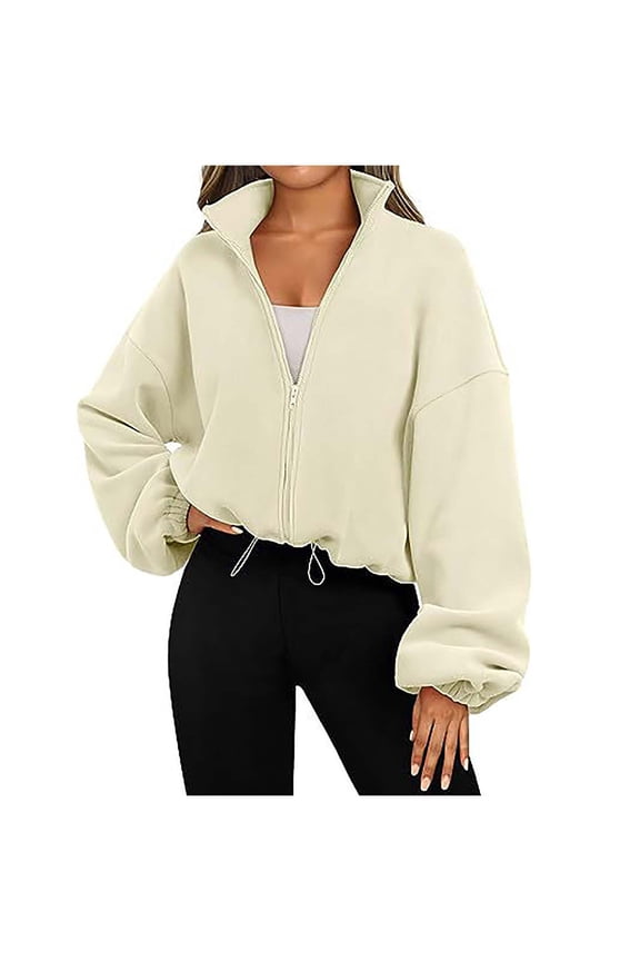 Polar Fleece Coat for Women Full-zip Up Cropped Jackets Sports Casual Drawstring Hem Loose Long Sleeve Outerwear (XX-Large, Beige)