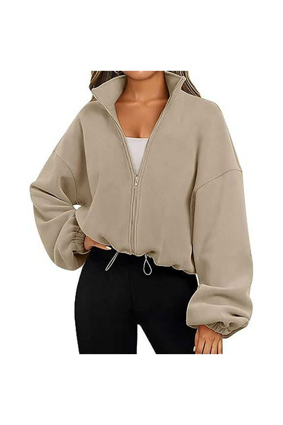 Polar Fleece Coat for Women Full-zip Up Cropped Jackets Sports Casual Drawstring Hem Loose Long Sleeve Outerwear (XX-Large, Khaki)