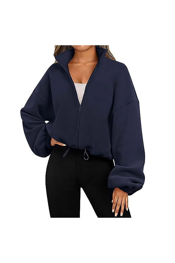 Polar Fleece Coat for Women Full-zip Up Cropped Jackets Sports Casual Drawstring Hem Loose Long Sleeve Outerwear (XX-Large, Navy)