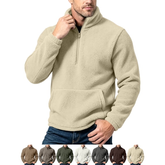 Men's Pullover Fleece Half Zip Stand Collar Long Sleeve Loose Fit Front Pocket Casual Winter Tops