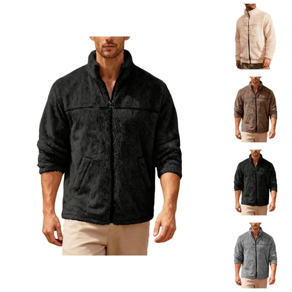 Polar Fleece Jacket Men Fall Winter Long Sleeve Loose Casual Stand Collar Zip Up Jackets with Pockets Fuzzy Coat Outerwear