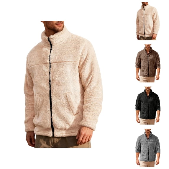 Polar Fleece Jacket Men Fall Winter Long Sleeve Loose Casual Stand Collar Zip Up Jackets with Pockets Fuzzy Coat Outerwear