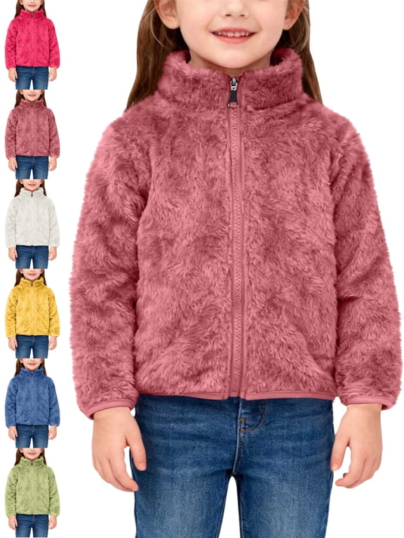 Polar Fleece Jacket for Boys and Girls Stand Collar Long Sleeve Zip Up Solid Color Casual Winter Jacket