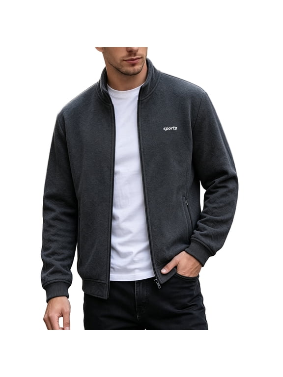 Polar Fleece Jacket for Men Full Zip Stand Collar Coat Lightweight Outdoor Top with Pockets