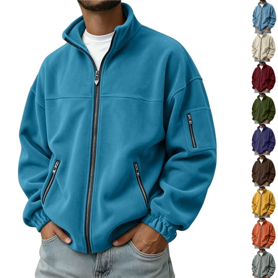 Polar Fleece Jacket for Men Ghalytn Full Zip Stand Collar Coat - Lightweight Outdoor Top with Pockets