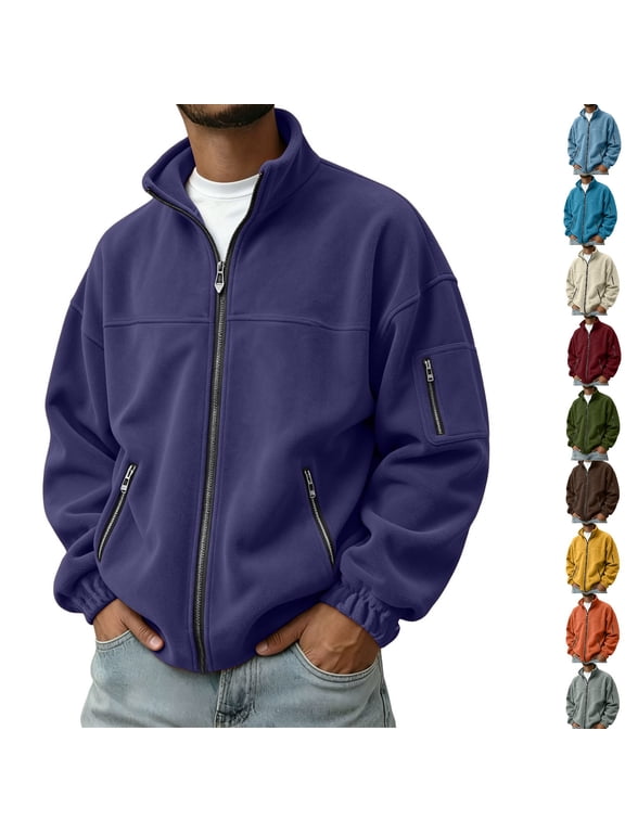 Polar Fleece Jacket for Men Ghalytn Full Zip Stand Collar Coat - Lightweight Outdoor Top with Pockets