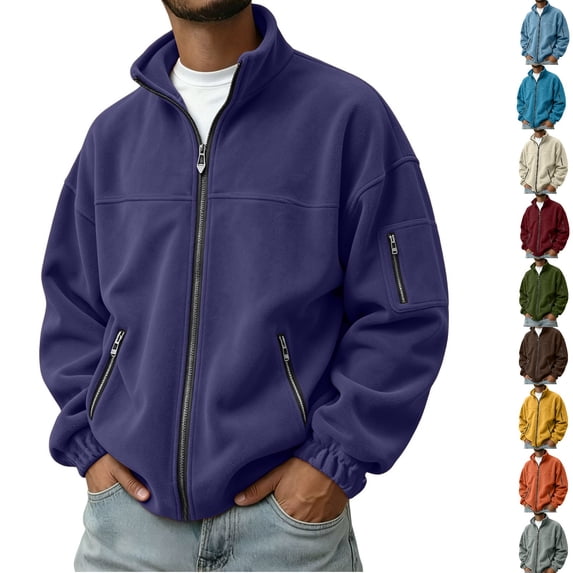 Polar Fleece Jacket for Men Ghalytn Full Zip Stand Collar Coat - Lightweight Outdoor Top with Pockets