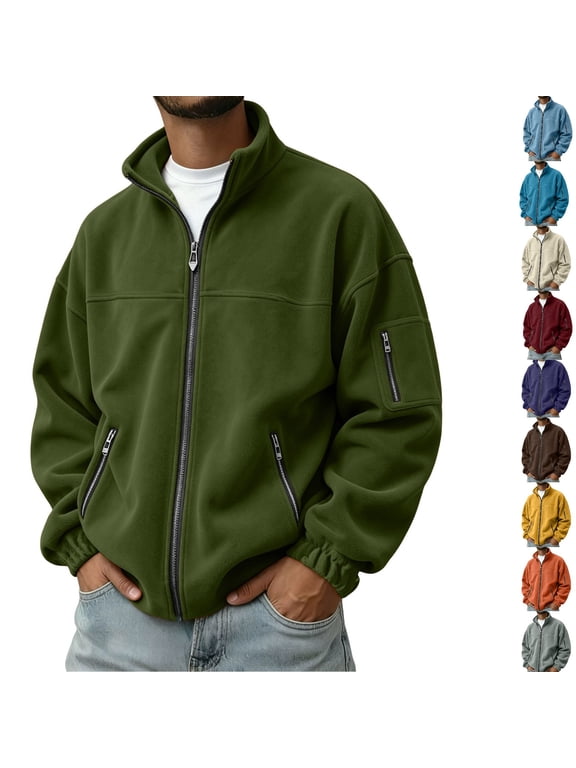Polar Fleece Jacket for Men Ghalytn Full Zip Stand Collar Coat - Lightweight Outdoor Top with Pockets
