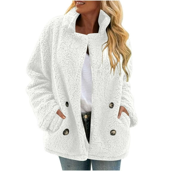 Polar Fleece Jackets for Women Long Sleeve Stand Collar Button Solid Color Coats Fall Winter Casual Outwear with Pockets (XL, White)