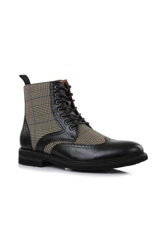Manchester MPX806076 Classic Wing-Tip Plaid Dress Boots, in Black Plaid, Men's Size 10