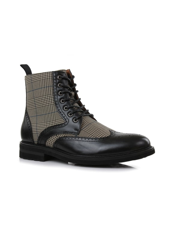 Manchester MPX806076 Classic Wing-Tip Plaid Dress Boots, in Black Plaid, Men's Size 7.5