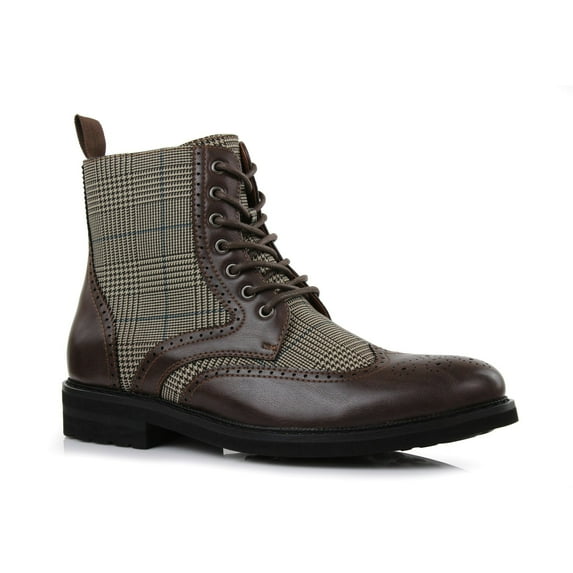 Polar Fox Manchester MPX806076 Classic Wing-Tip Plaid Dress Boots, in Irish Coffee, Men's Size 10.5