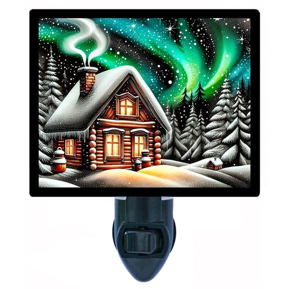 Polar Glow Night Light Cozy Log Cabin Under Northern Lights with Snowy Pines and Starry Winter Sky, Rustic Holiday Lodge Dcor Includes Free Switchable Insert