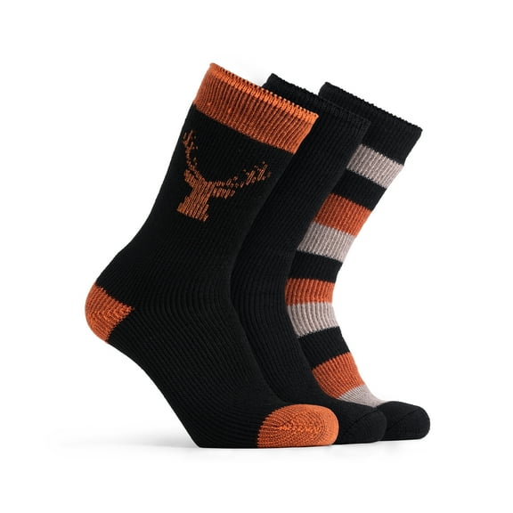 Polar Heat Nanuuq Men’s High Performance Acrylic Wool Boot Socks, 3 Pack Thermal Winter Long Socks, Black Orange