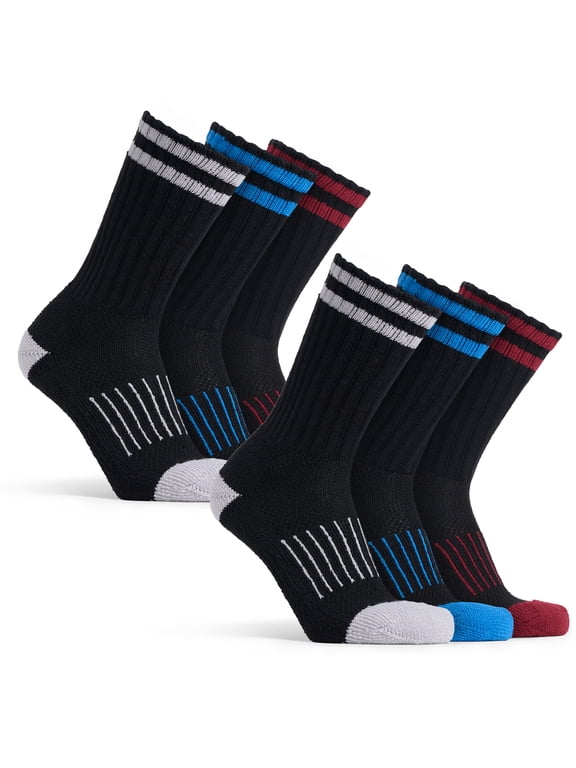 Cotton Socks for Men, 6 Pairs Cushioned Arch Support Crew Socks, Black