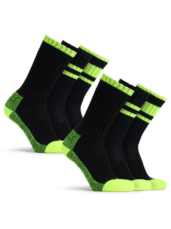 Cotton Socks for Men, 6 Pairs Cushioned Arch Support Crew Socks, Black Lime