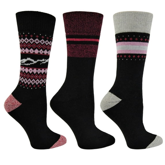 Polar Heat Women’s Winter Weight Cotton Socks, 3 Pack Thermal Crew Socks, Nordic Stripe Pattern Black