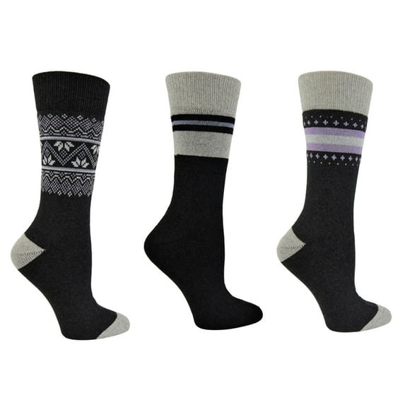 Polar Heat Women’s Winter Weight Cotton Socks, 3 Pack Thermal Crew Socks, Nordic Stripe Pattern Charcoal