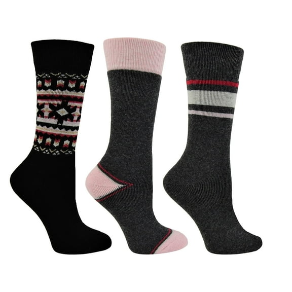 Polar Heat Women’s Winter Weight Wool Socks, 3 Pack Cozy Thermal Socks, Geometric Pattern Black & Pink