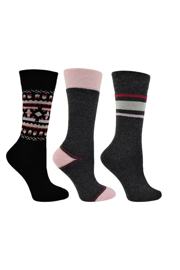 Polar Heat Women’s Winter Weight Wool Socks, 3 Pack Cozy Thermal Socks, Geometric Pattern Black & Pink